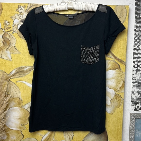AX Armani Exchange Short Sleeve Top Tee with a beaded pocket Sz. S Sheer Back - Picture 4 of 9